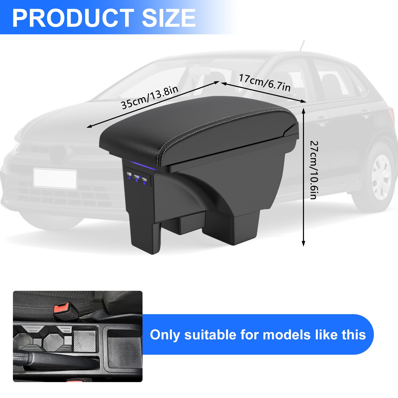 Auto Bracciolo Compatibile con VW Polo 2019 2020 2021 2022 2023 2024 Scatola Portaoggetti per Bracciolo Console Centrale Poggiabraccio Braccio vano Portaogget 3 Porte di USB - Linea Bianca