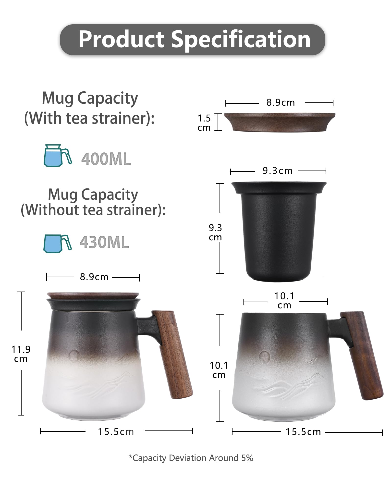 ZENS Tea Mug with Infuser and Lid 430ml Embossed Ceramic Tea Cup with Strainer for Hot Tea Diffusers Wooden Handle Loose Tea Cup - Image 4