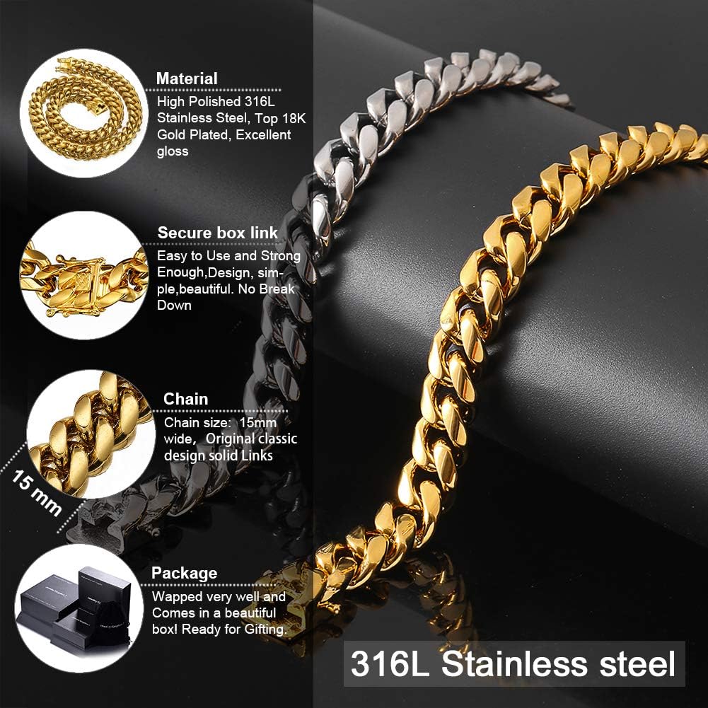 Jewelry Kingdom 1 Gold Cuban Link Chain Necklace or Bracelet for Men 15mm 18K Stainless Steel Chunky Thick Heavy Miami Curb Chains 8-30 inch Valentines Jewelry - Image 5