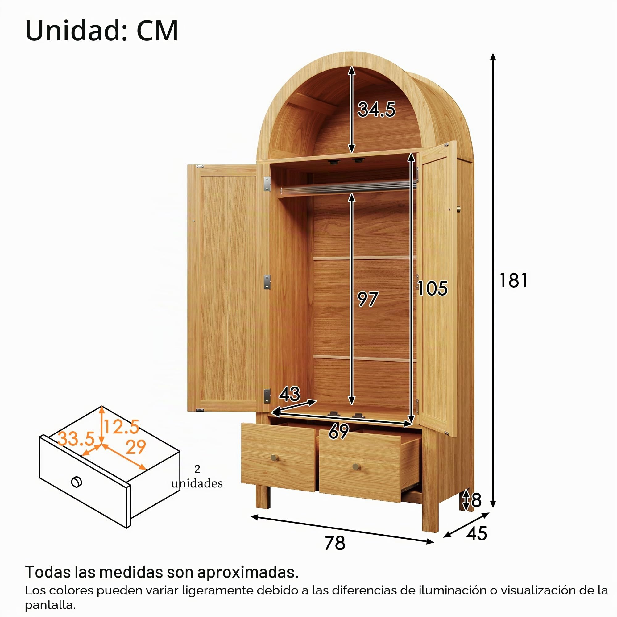 Moimhear Armario 181 x 78 x 45 cm con trenzado de ratán, estante semicircular abierto, 2 puertas con cierre magnético, 2 cajones (roble)