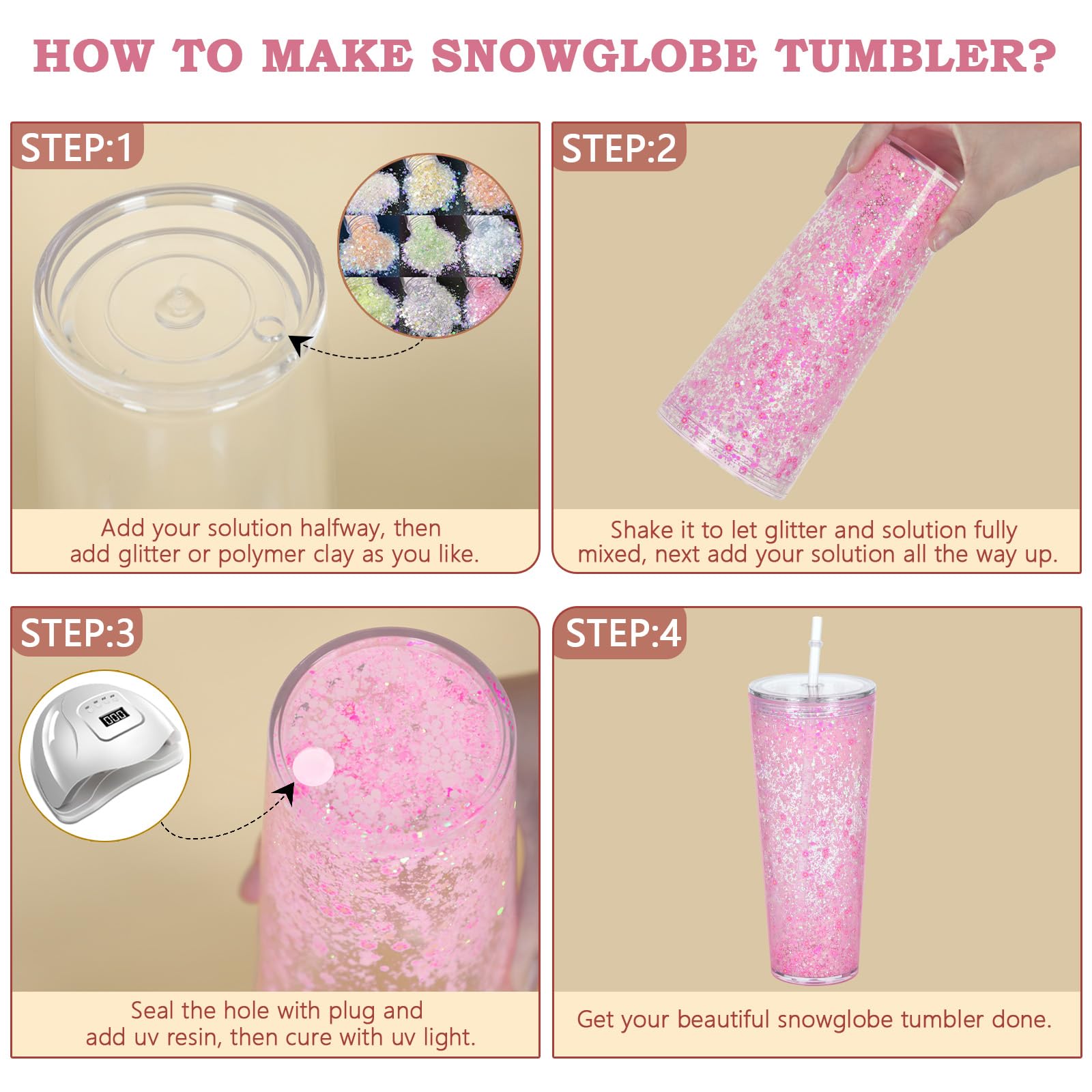 Cosictic 24 OZ Mehrweg Acryl-Schneekugel-Tumbler mit vorgebohrtem Loch, 709ml, Kunststoff-Doppelwandiger Schneekugel-Tumbler mit klarem Deckel und Trinkhalm, (8 Stück)