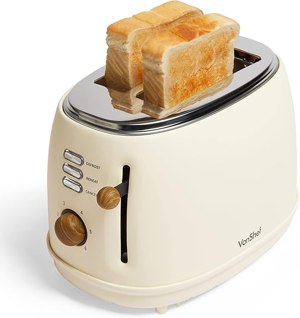VonShef 2 Slice Toaster  850W Matte Cream and Wood Effect Scandi Toaster High Lift & 35mm Wide Slot for Bagels, Crumpets and Toast - 6 Browning Controls, Defrost & Reheat, Crumb Tray and Cord Storage