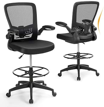 COSTWAY Silla Escritorio con Respaldo Alto, Silla Oficina Reposabrazos Abatibles de 90°y Anillo de Reposapiés, Altura Ajustable, Cadeira Escritorio Giratoria de 360°