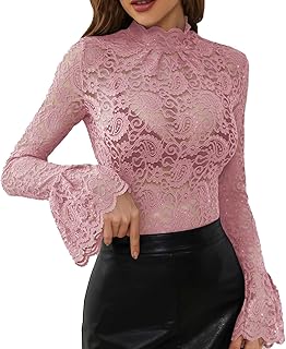 Camiseta de satén para mujer con estampado floral, encaje, cuello alto, mangas largas, transparente, corte estrecho, cuello alto, tallas grandes