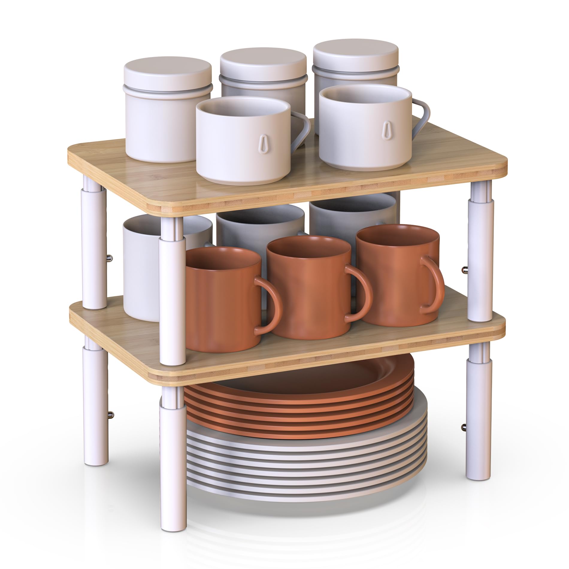 WELL WENG Cabinet Organizer Shelf, Set of 2 Kitchen Pantry Cupboard Shelves, Spice Rack, Stackable, Height Adjustable, Natural Bamboo (11.7" W)