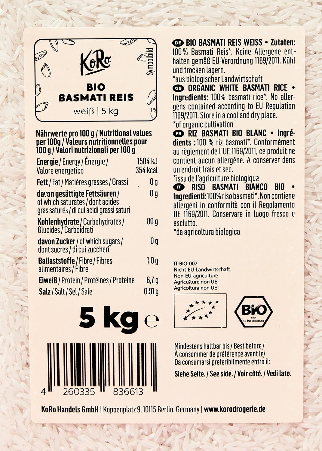 KoRo - Bio Basmati Reis 5 kg - Vielfältig in Milchreis und Co. - Bio-Qualität - Fein-nussiger Geschmack