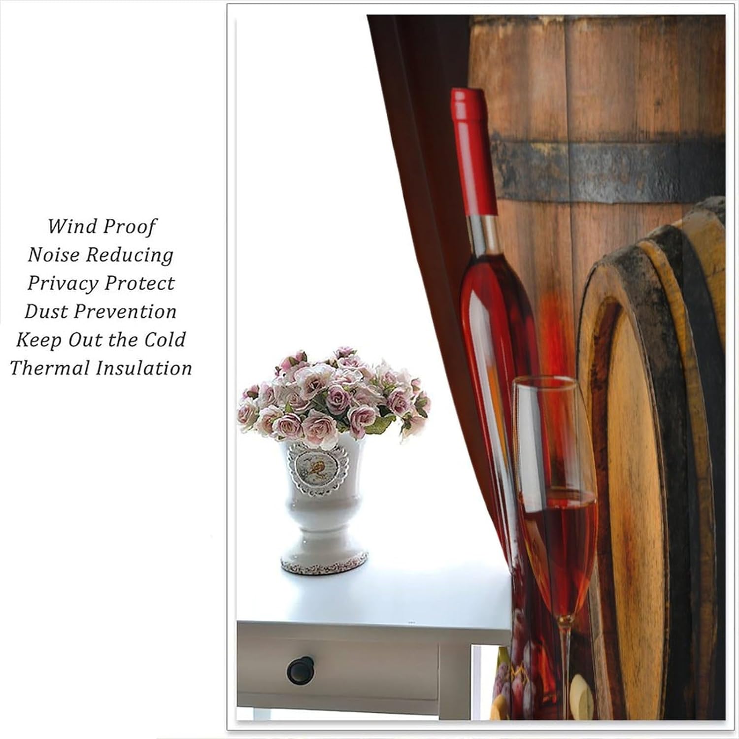 Wine Wooden Kitchen Curtains Blackout Rod Pocket Grapes French Bottles and Glasses Drink Fruit Rustic Polyester Window Drapery Treatment for Bedroom Living Room Set 2 Panels,42x54 Inches