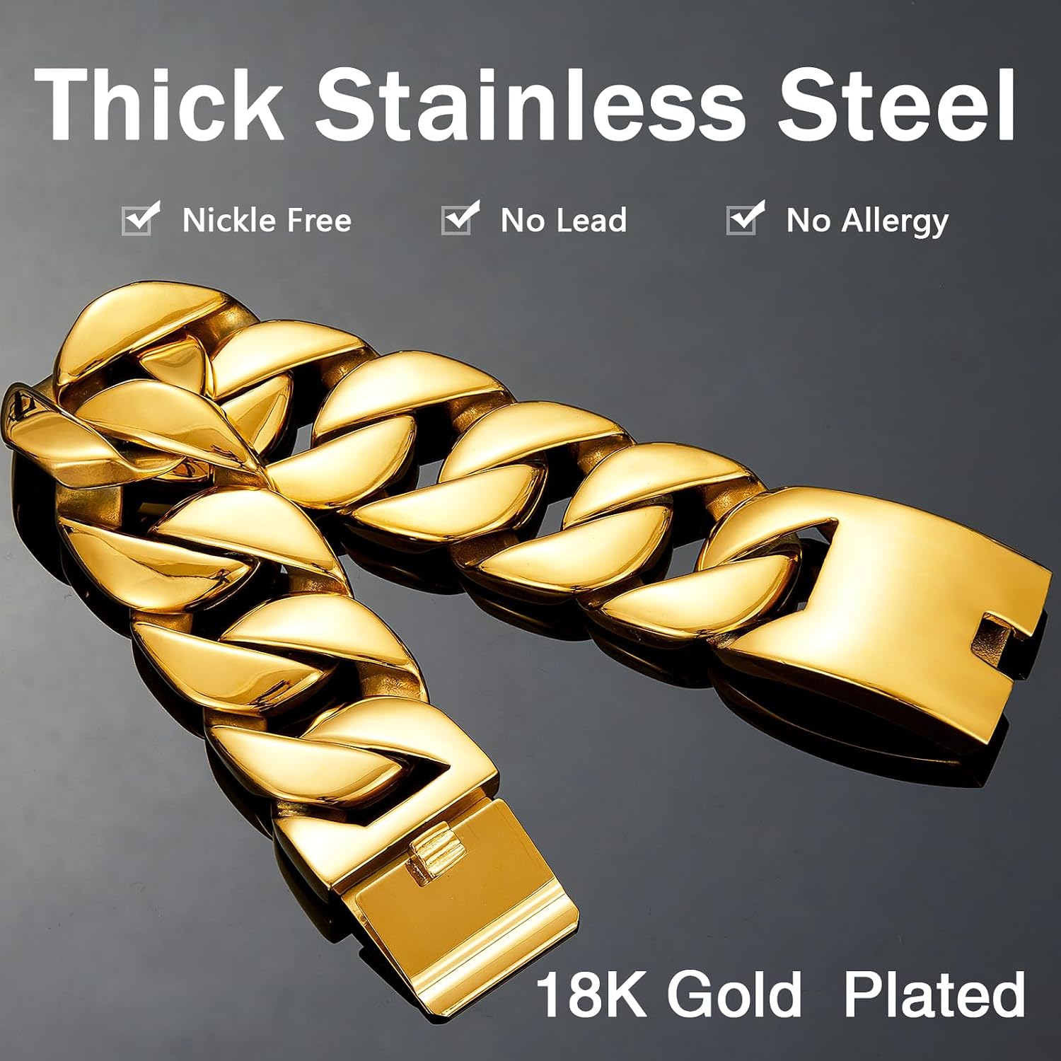 AYiFFWTEO 32mm Wide Heavy Duty Gold Chain Bracelet Necklace with Box 18K Gold Plated 316L Stainless Steel Chunky Cuban Chain Link Hip Hop Fashion Jewelry Bracelets Necklaces for Women Men