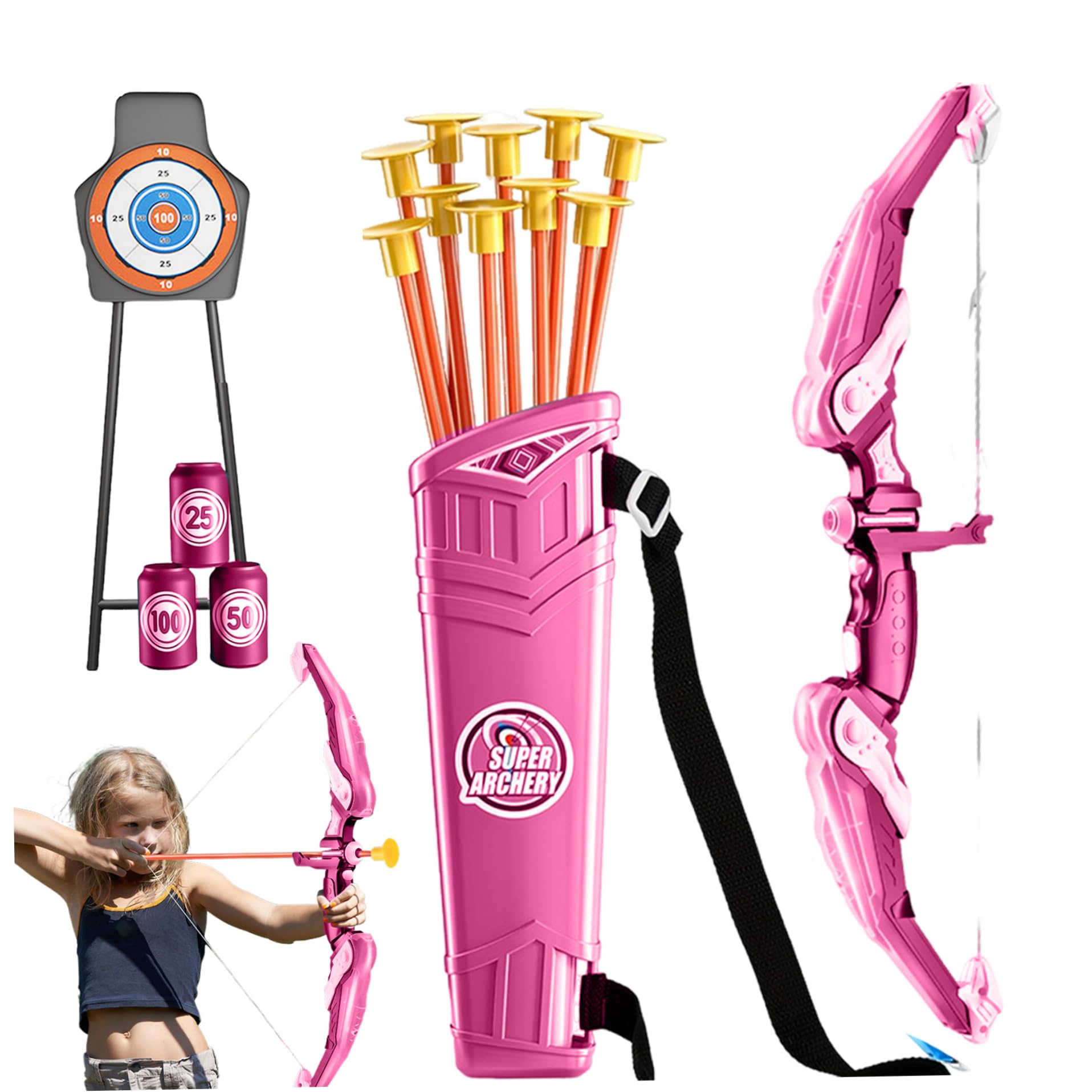 Ensemble d'arc et de flèches pour Enfants Ensemble de tir à l'arc en Plastique LED pour Enfants Comprenant Un étui à et des flèches, des cibles Bouteilles Jouets éducatifs faciles util