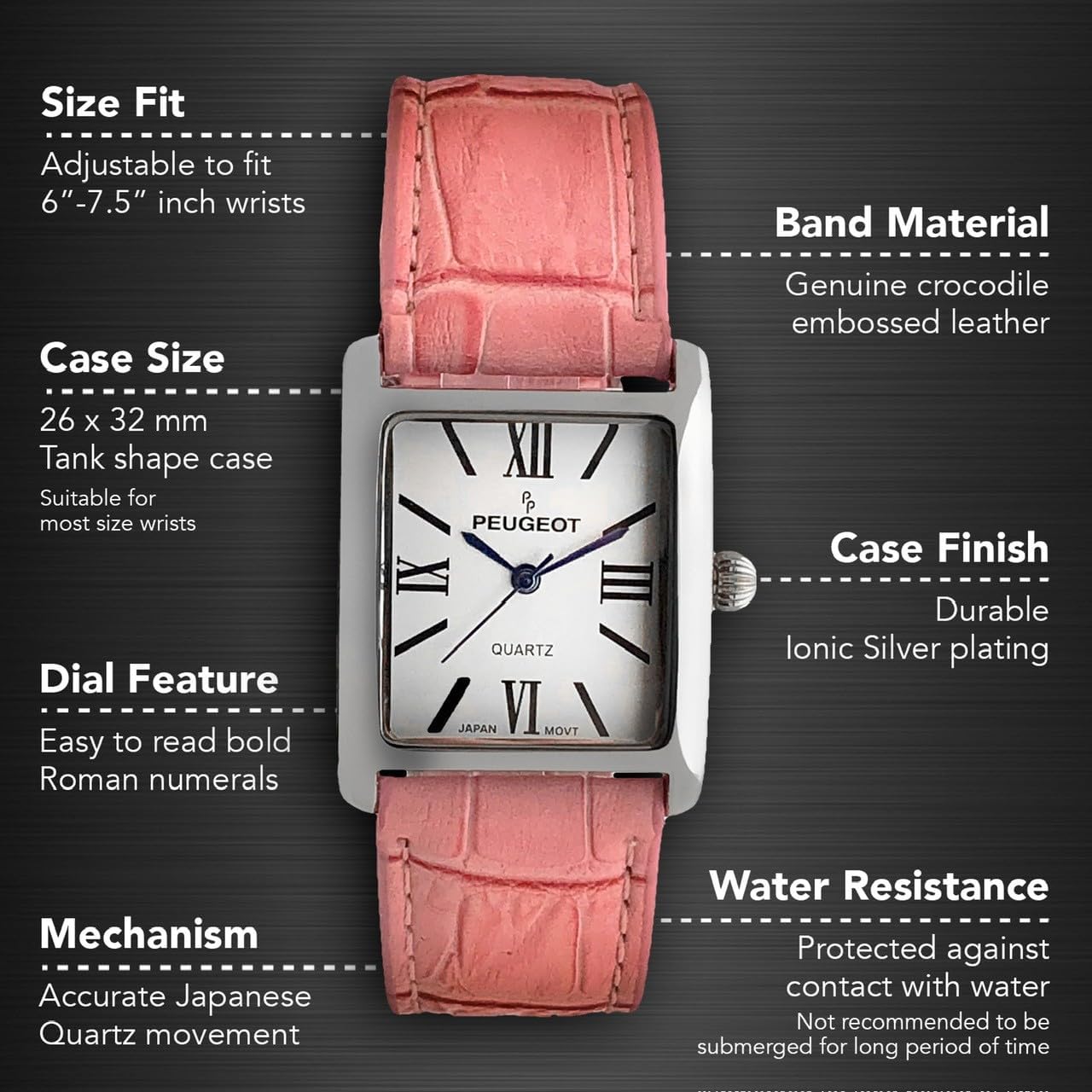 Peugeot Women's Silver-Tone Tank Shape Leather Dress Watch with Roman Numerals, White - Image 2