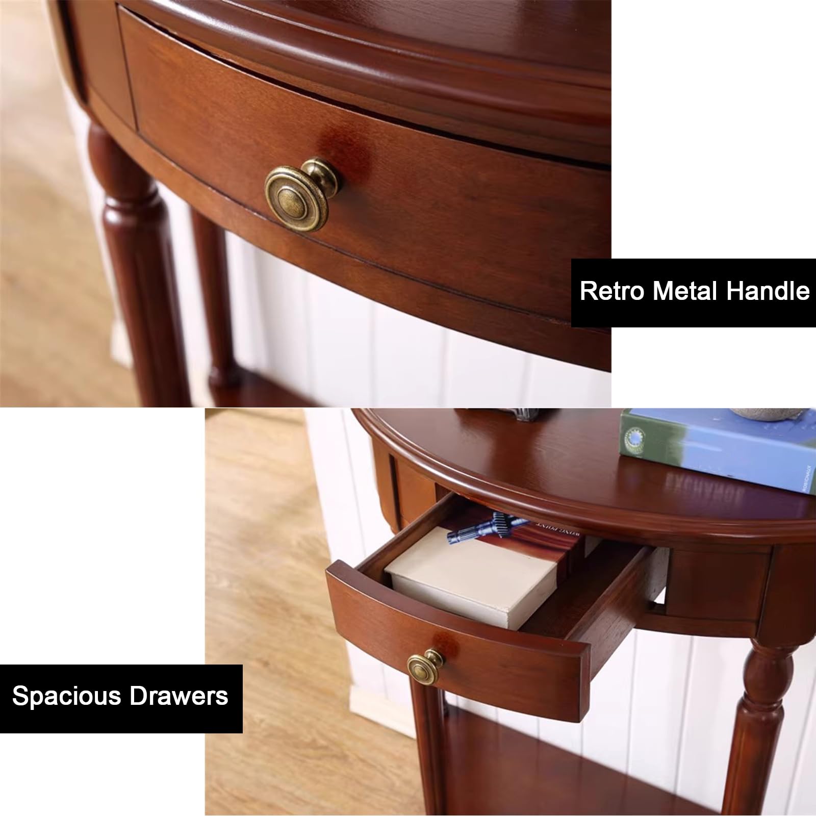 Mesa Consola de Media Luna de Madera Maciza con Cajones y Estantes, Mesa Auxiliar de Entrada de Dos Niveles En Forma de Semicírculo, Elegante Mesa de Sofá Vintage (veta De Madera De Cerezo)(800x350x80