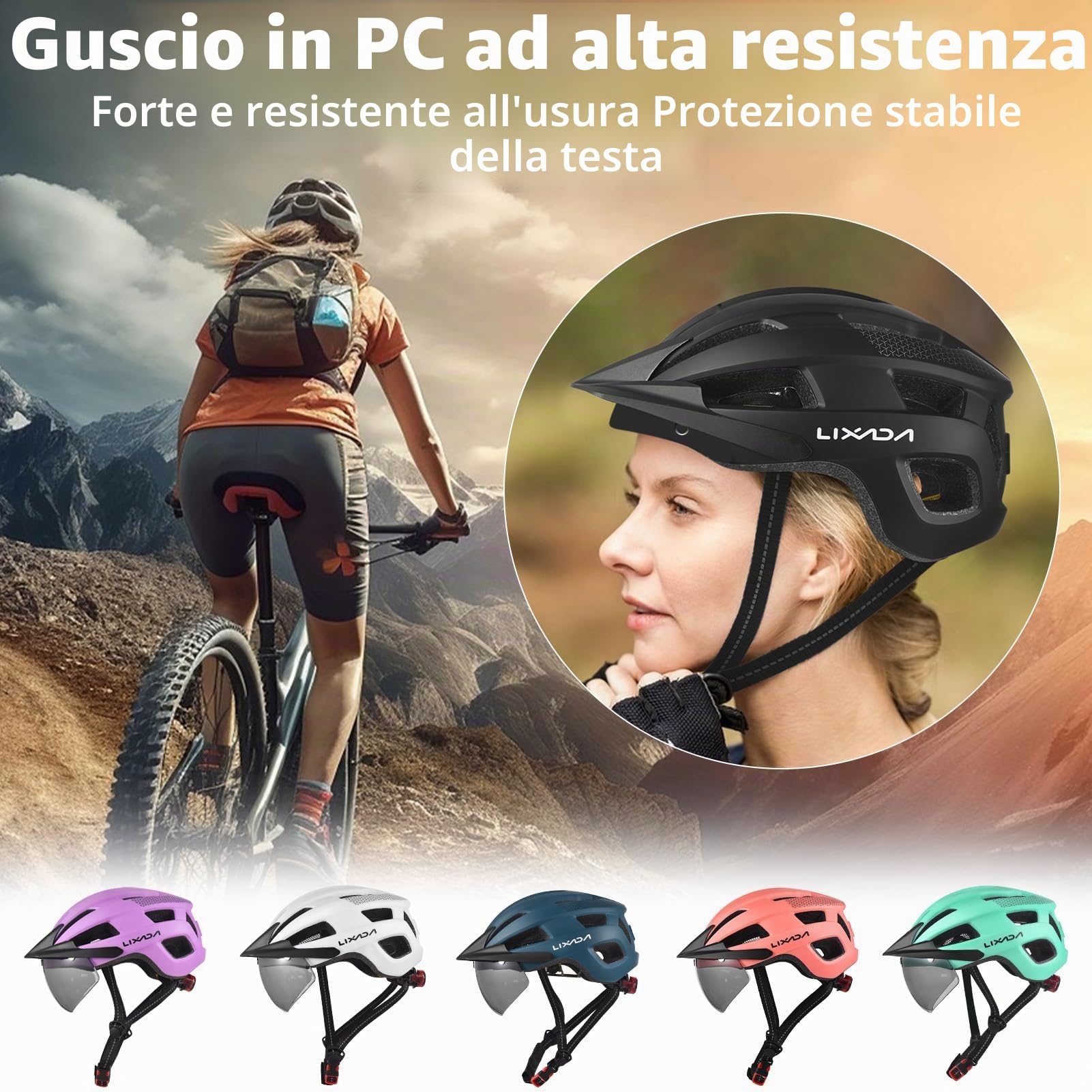Lixada Casco da bicicletta con luce, 54-62 cm, speciale casco da bicicletta da donna, uomo, bambino, con visiera, pieghevole e posteriore per uomo e donna