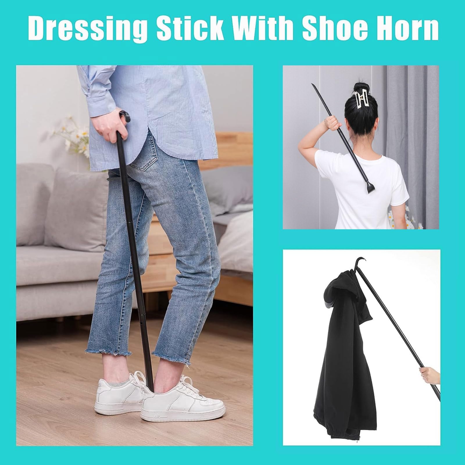 Kit de ayuda para calcetines para personas mayores (ayudante de calcetín y bastón de vestir) – Ayudantes de calcetines para poner en tus calcetines sin doblarse – Cuerno extendido ajustable de 35