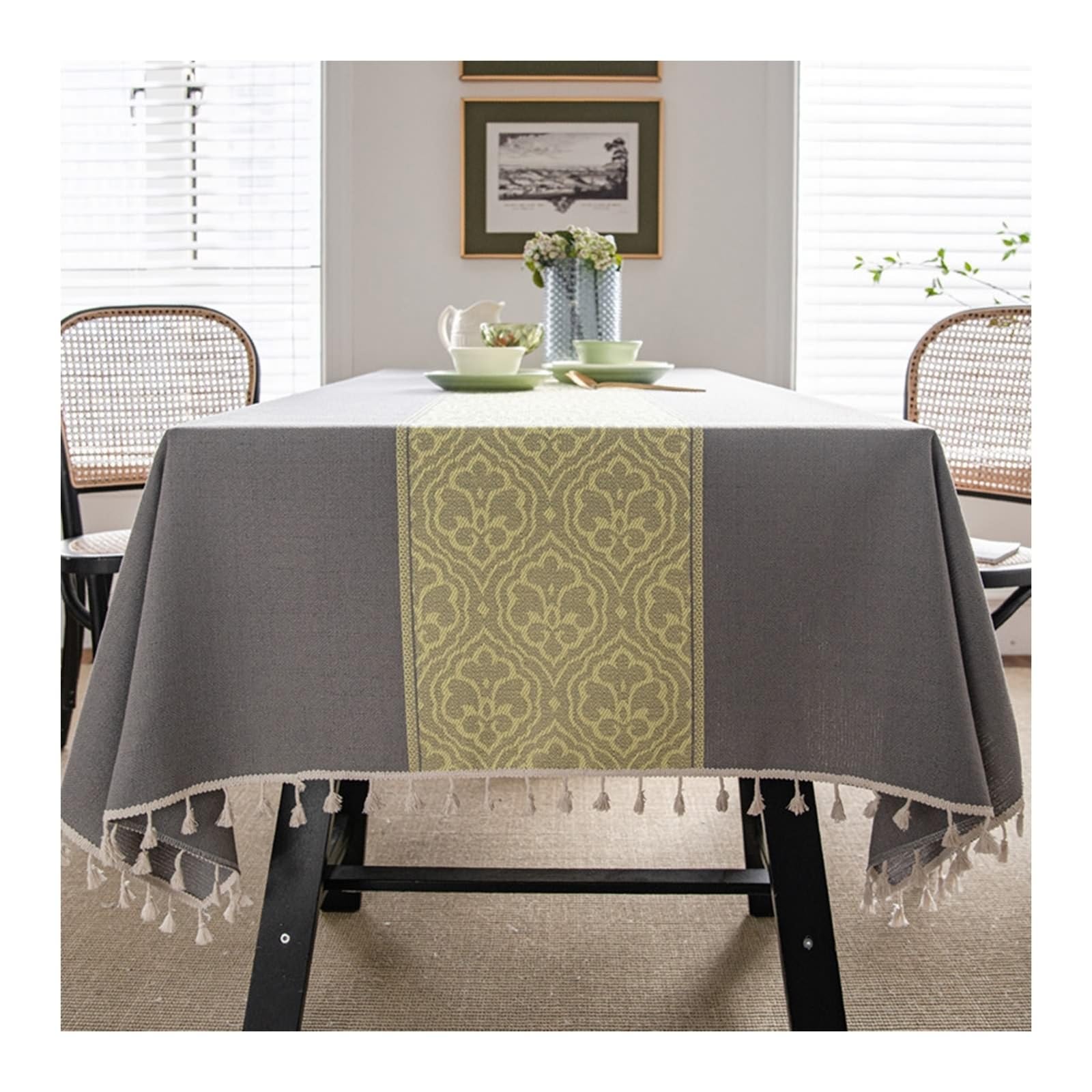 Tischdecke Abwaschbar 100x140CM, Polyester Tischdecke Blumen-Jacquard Grau Grün Tischdecke Abwaschbar Rechteck