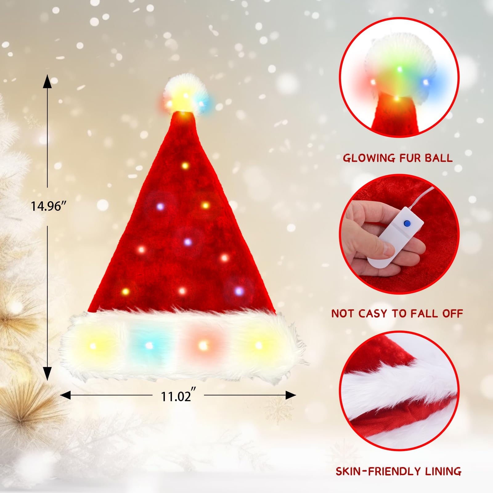 Sombrero de Papá Noel de felpa, iluminado, divertidos sombreros de Navidad para niños y adultos, juego de sombreros de Papá Noel para adultos, sombrero de Papá Noel rojo esponjoso (niños, 1