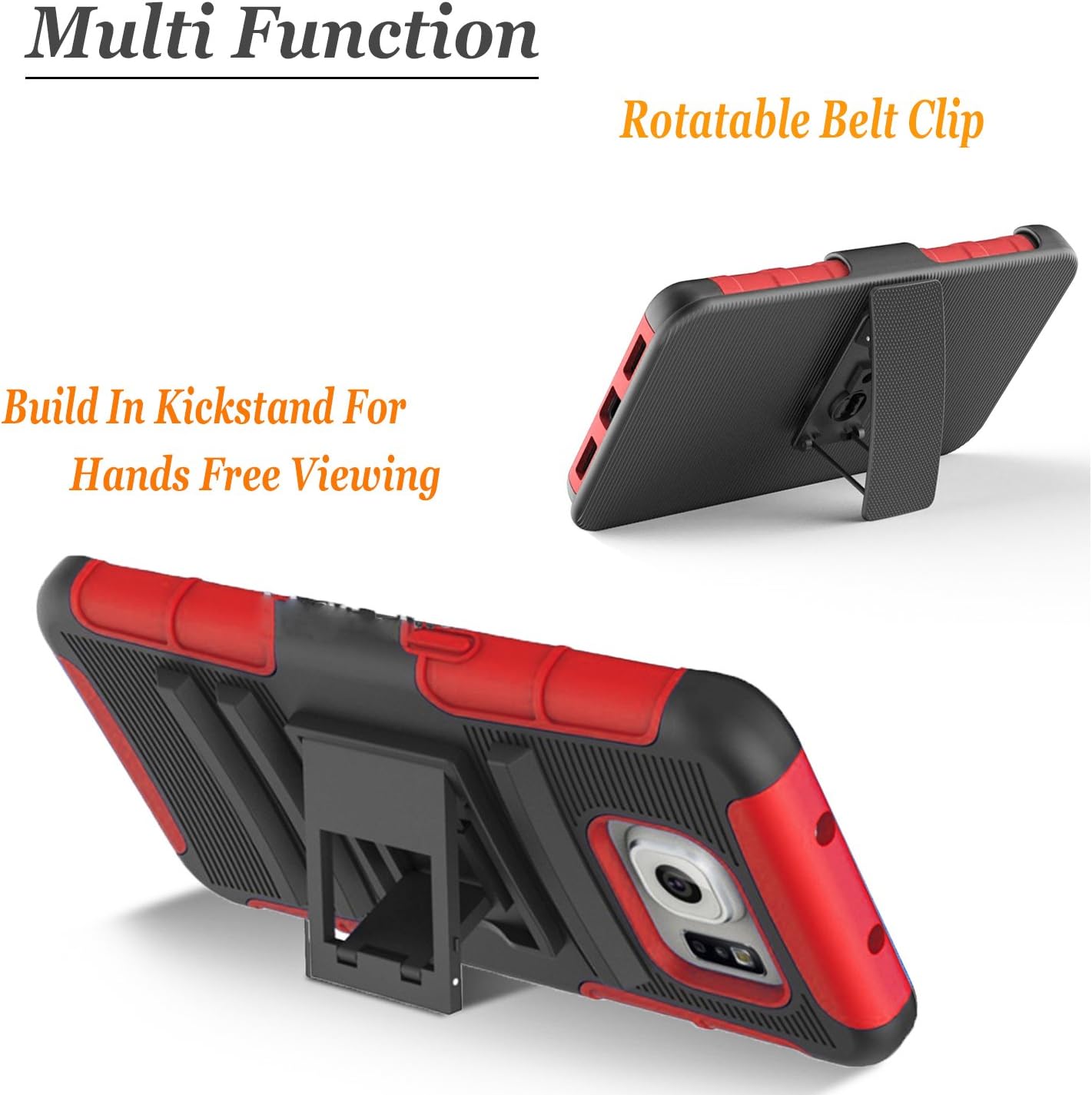 Circlemalls Compatible for Galaxy S6 Case, [Not Fit Galaxy S6 Active/S6 Edge] with [Tempered Glass Screen Protector Included], Armor Heavy Duty Kickstand Cover with Belt Clip Holster - Red