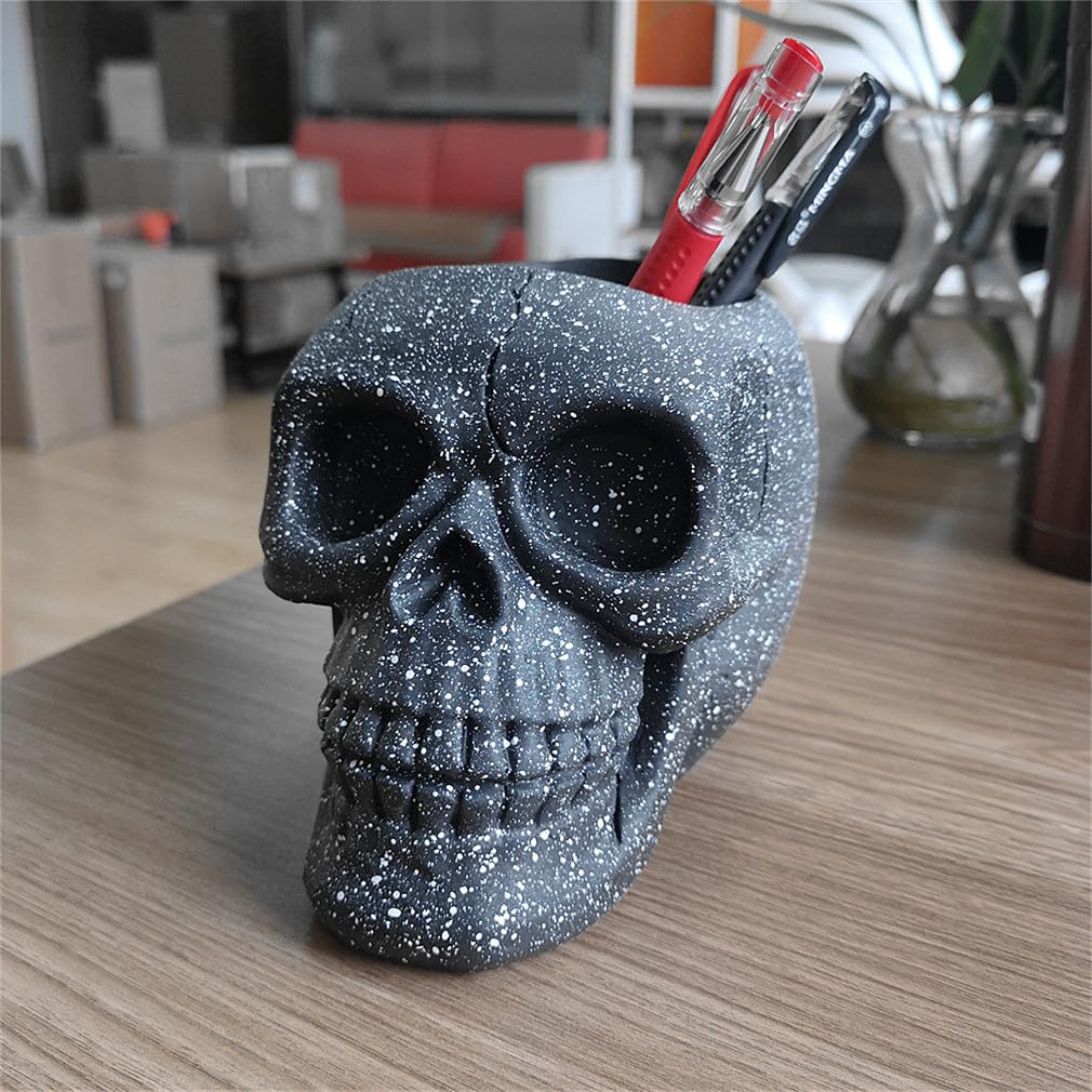 RURAUOGR Resin Skull Pen Holder - 3.9 Inch Beige Skeleton Decor For Makeup Brushes, Toothbrushes, Keys, Halloween