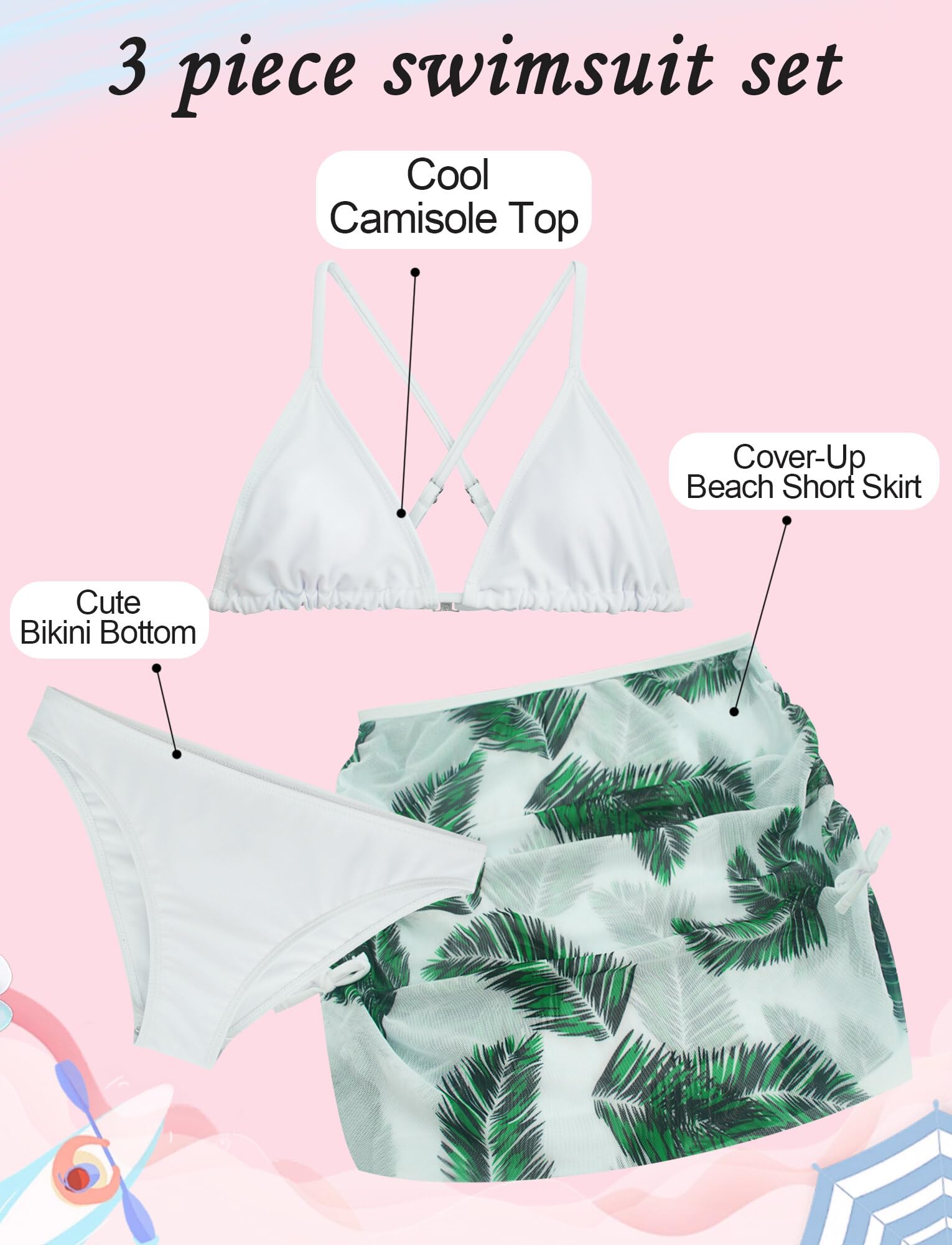SEAUR 3 Pezzo Costume da Bagno per Bambini Ragazze Top Canotta Cool Slip Bikini Gonna da Bagno Set di Abbigliamento da Spiaggia Piscina per 8-14 Anni