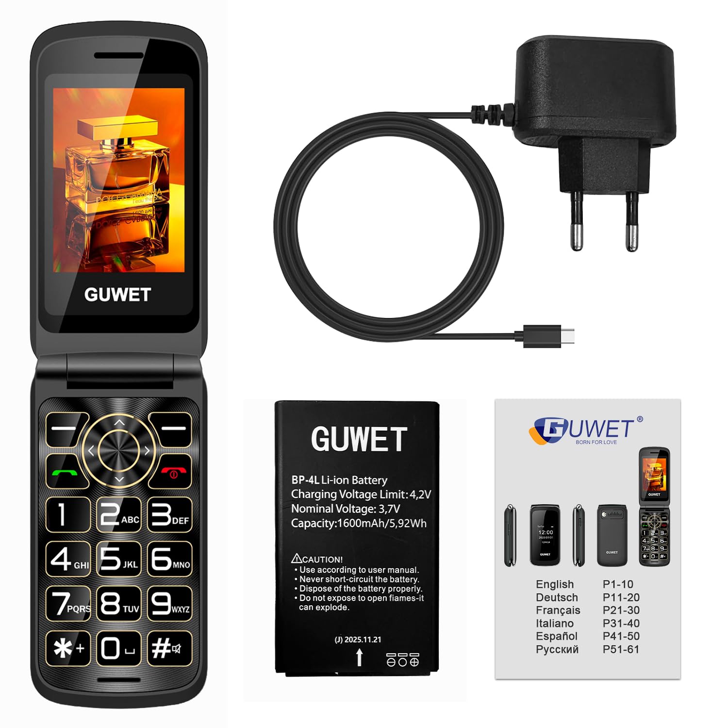 2G Seniorenhandy Klapphandy ohne Vertrag, Rentner Handy Großen Tasten, SOS Notruffunktion, 1600 mAh Akku, 2.4"+1.77" Dual Display, Dual SIM mit Notruftaste, Rot