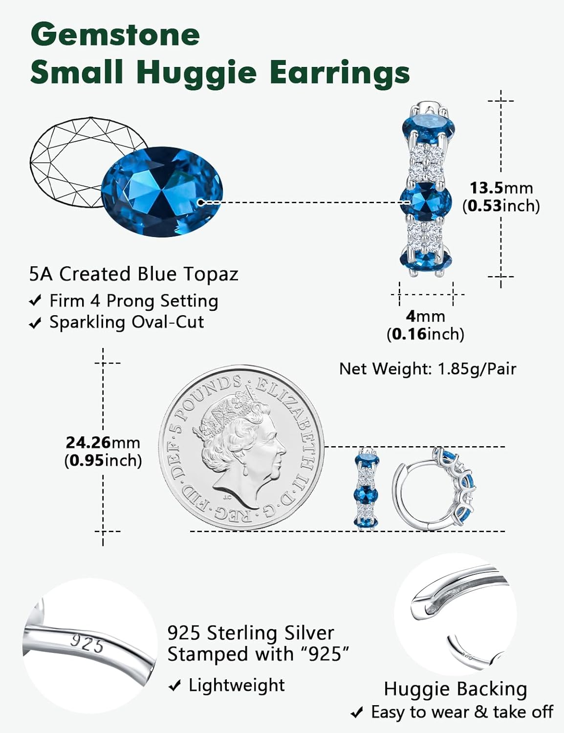 Small Hoop Earrings for Women Hypoallergenic 925 Sterling Silver 13.5mm Thick Huggie Earrings Hoops Created Gemstone Diamond Birthstone Wedding Earrings - Image 6