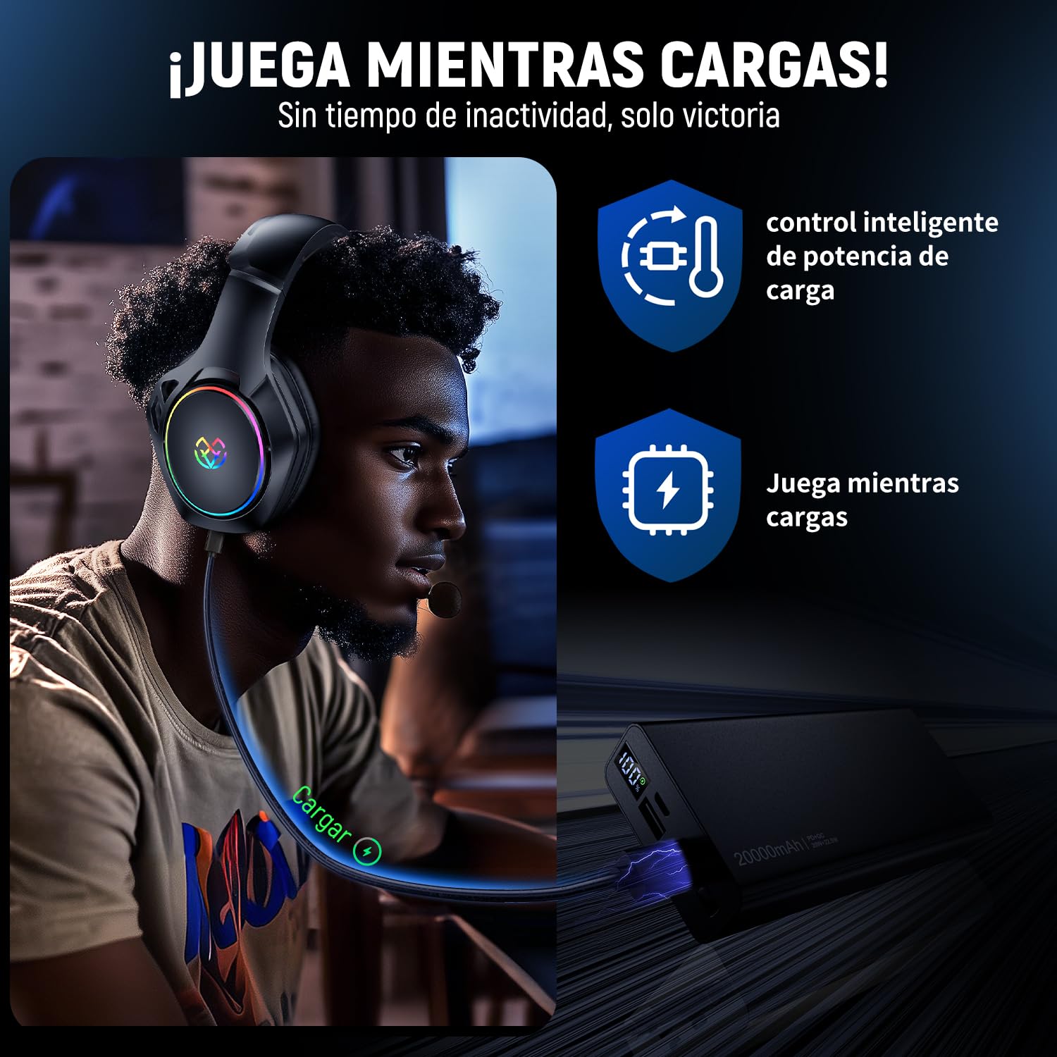 Tatybo Cascos Gaming Inalámbricos para PC/Ps5/Ps4, Auriculares Gaming Inalámbricos con 2,4 GHz+Bluetooth 5,3 Modo Dual, 7.1 Sonido Envolvente, Duración 40Hr+