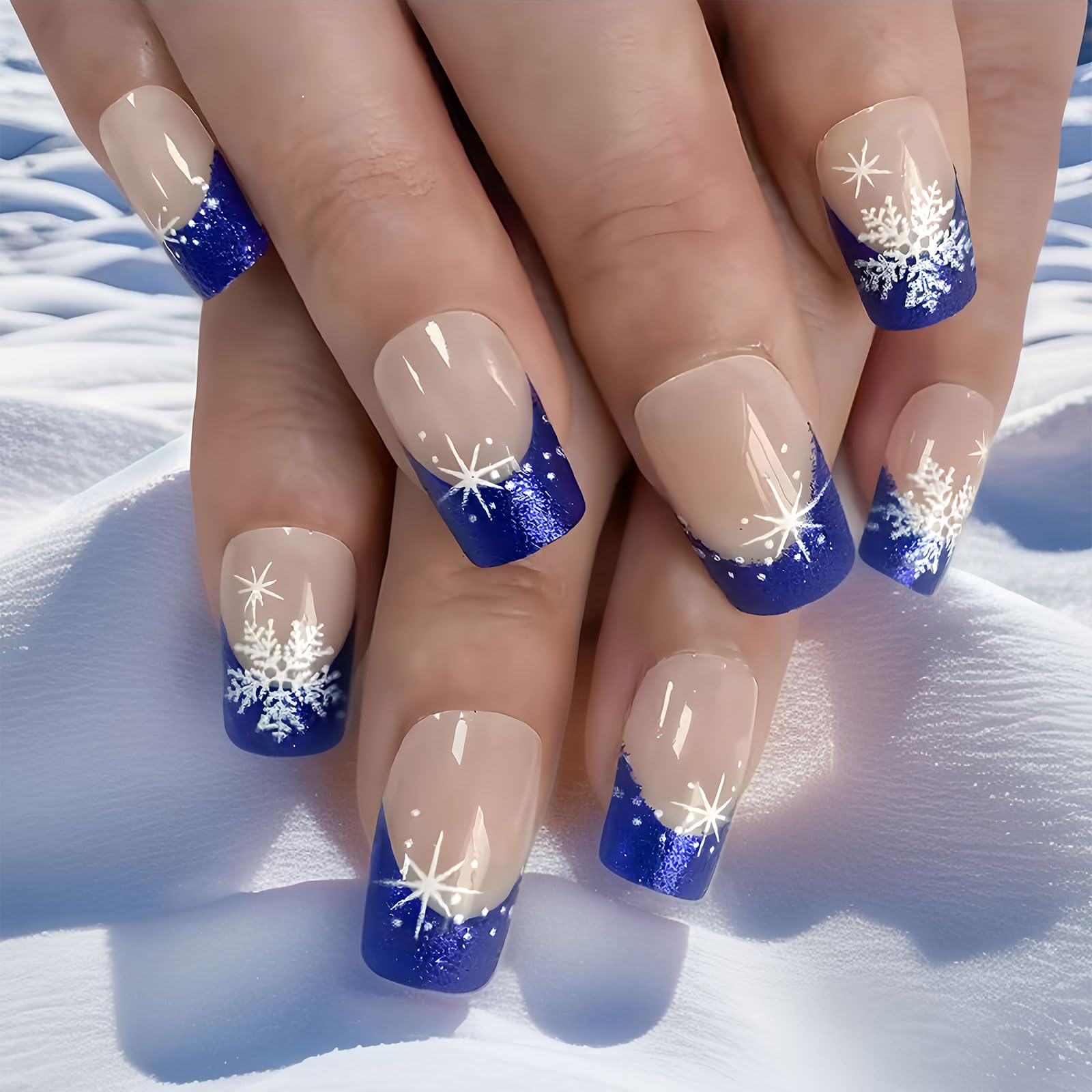 BFY Snowflake Press on Nails Medium Square Winter Christmas Fake Nails, Blue French Acrylic Nails Stick Glue on Nails, Shiny Nude False Nails Kits