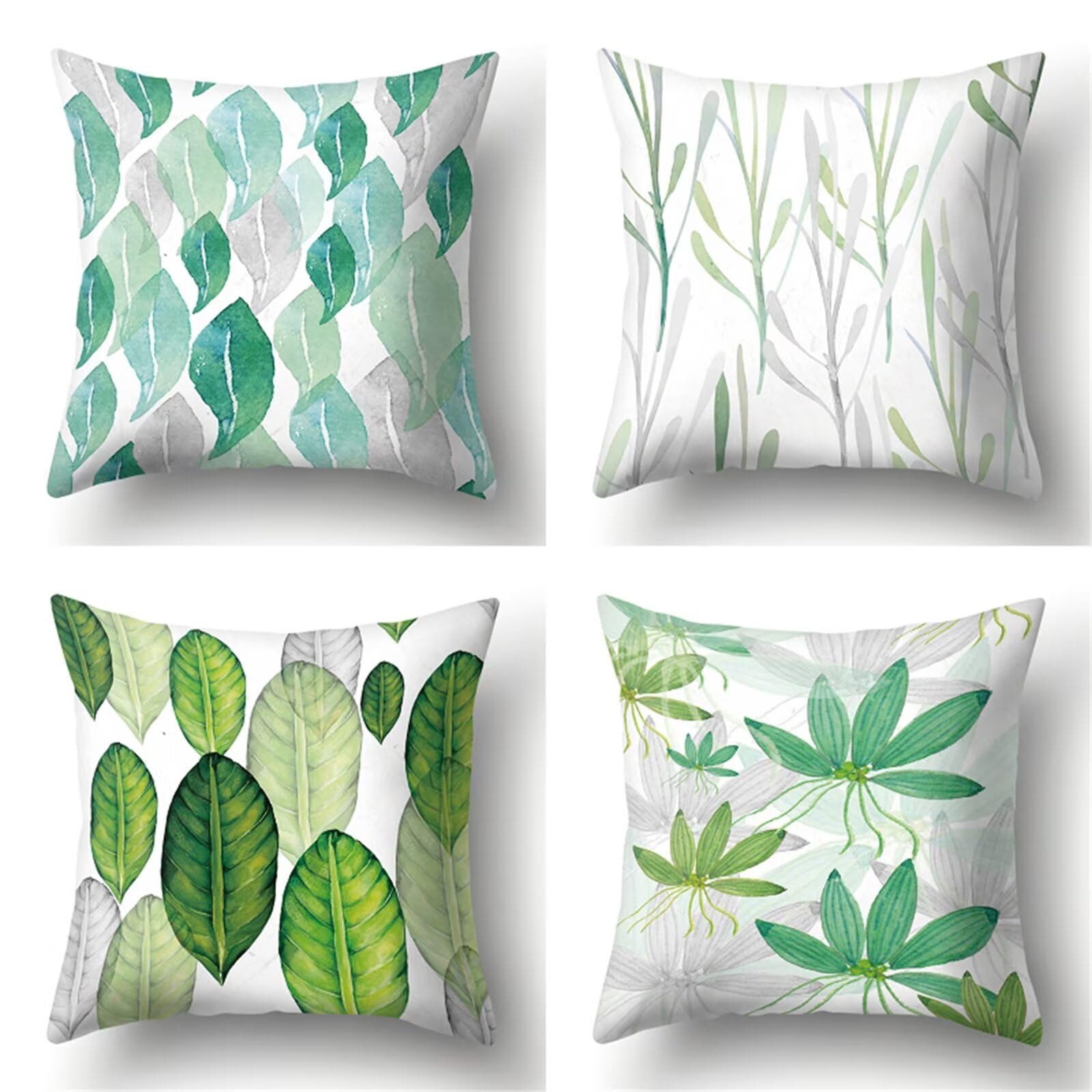 Hojas Verdes Fundas de Cojines 65x65cm, Doble Cara Suave Funda de Almohada de Cojín Decor para Sofá, Juego de 4 Exterior Cojines para Muebles Modernos Cama/Silla Casa Decor A-1672