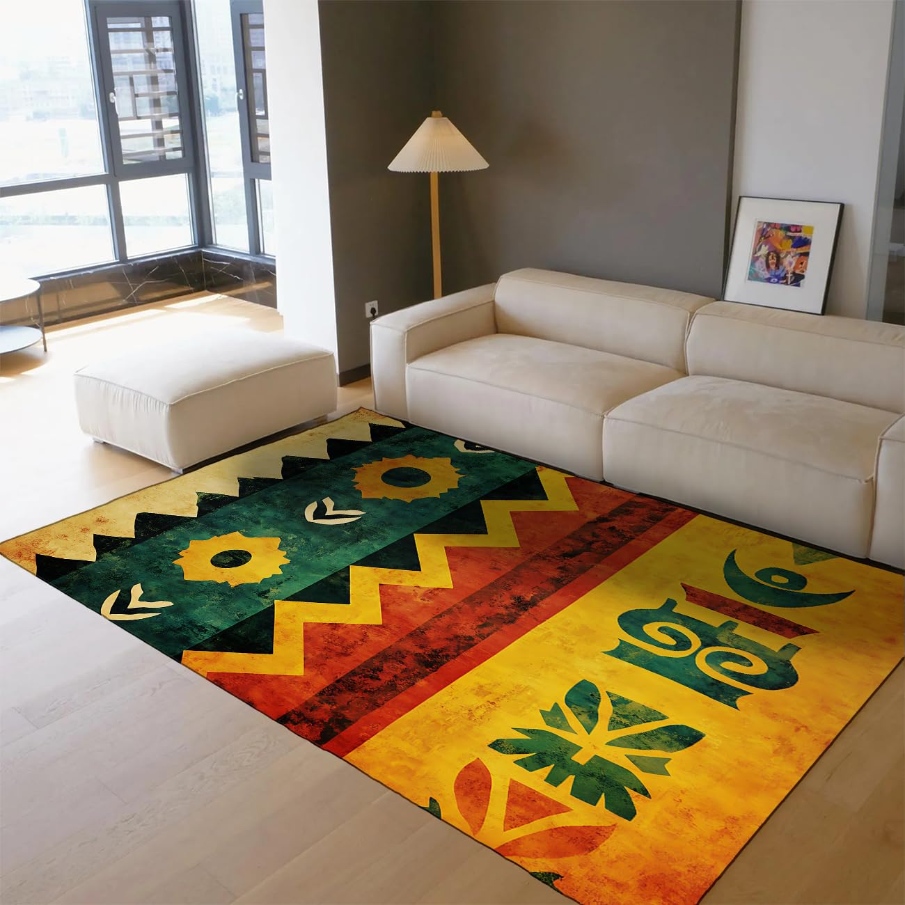 Dywan 120 x 160 cm, można prać w pralce, antypoślizgowy, niski runo, wzór boho, geometryczny dywan do salonu, sypialni, przedpokoju, seria plemienna