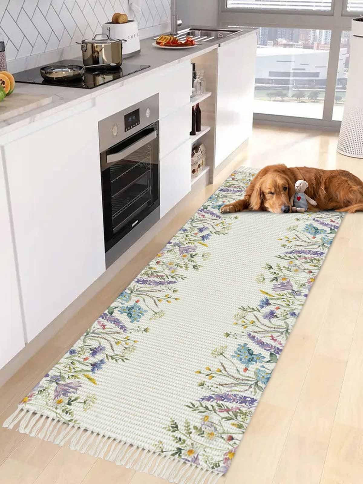 Lavender Floral Kitchen Runner Rug 2x6 Bedside Rug Tassel Cotton Woven Throw Rugs Hallway Runner Rug Country Watercolor Daisy Flowers Leaves White