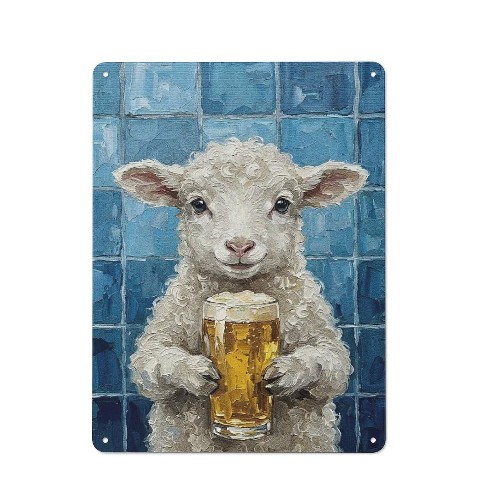 Junmoney Style-4 Lamb With Beer Painting Rustic Tin Sign 40X30cm For Lounge Or Reading Corner, For Metal Sign Collectors, For Cafés, Pubs And Restaurants