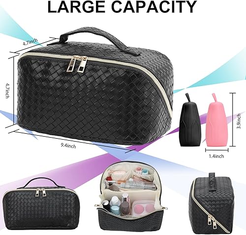 Miniatura 2 de Fixwal Bolsa de maquillaje de viaje de 9 x 4 pulgadas, bolsas de cosméticos de gran capacidad para mujeres, bolsa portátil impermeable, bolsa de