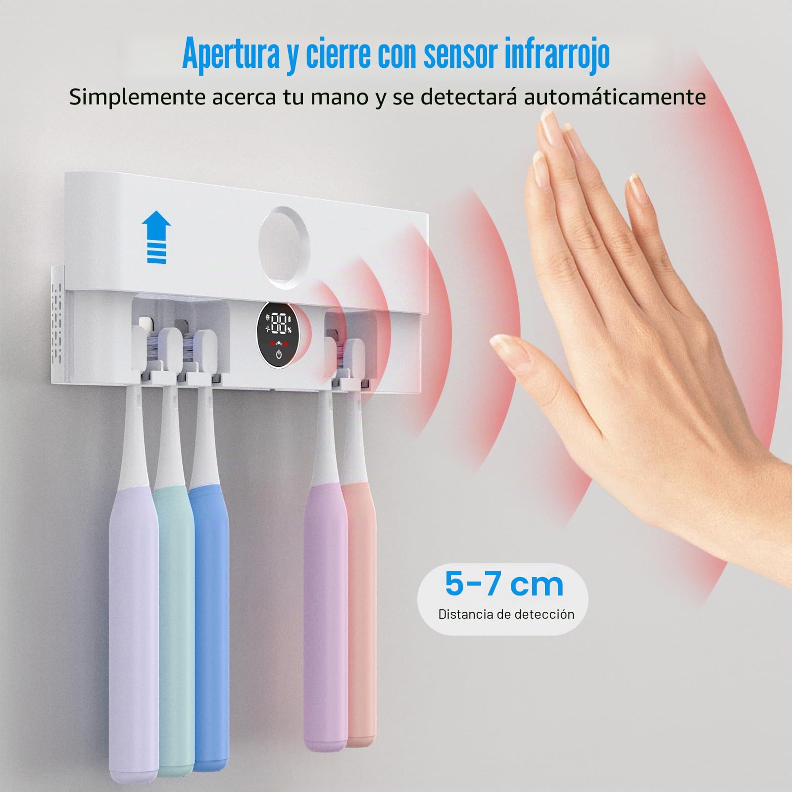 LifeBasis UV-Sanitizer de Cepillos de Dientes con Pantalla LED, Sensor de Infrarrojos, Soporte para Cepillo de Dientes para Desinfección UV y Secado, Cepillo de Dientes Eléctrico de Pared, Recargable