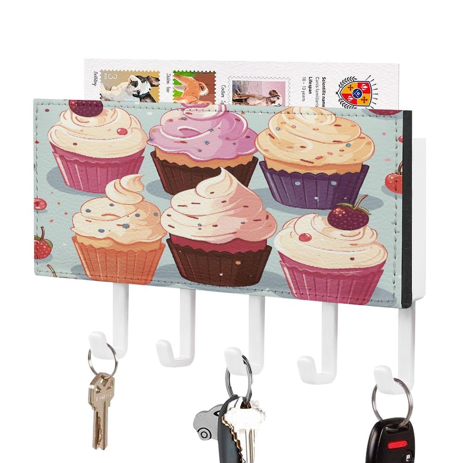 FekiLoot Delicious Cupcakes Key Holder for Wall Decorative Mail Organizer with 5 Key Hook Self Adhesive Key Rack with Tray Coat Rack Wall Mount Key Hanger Decor for Entryway Door