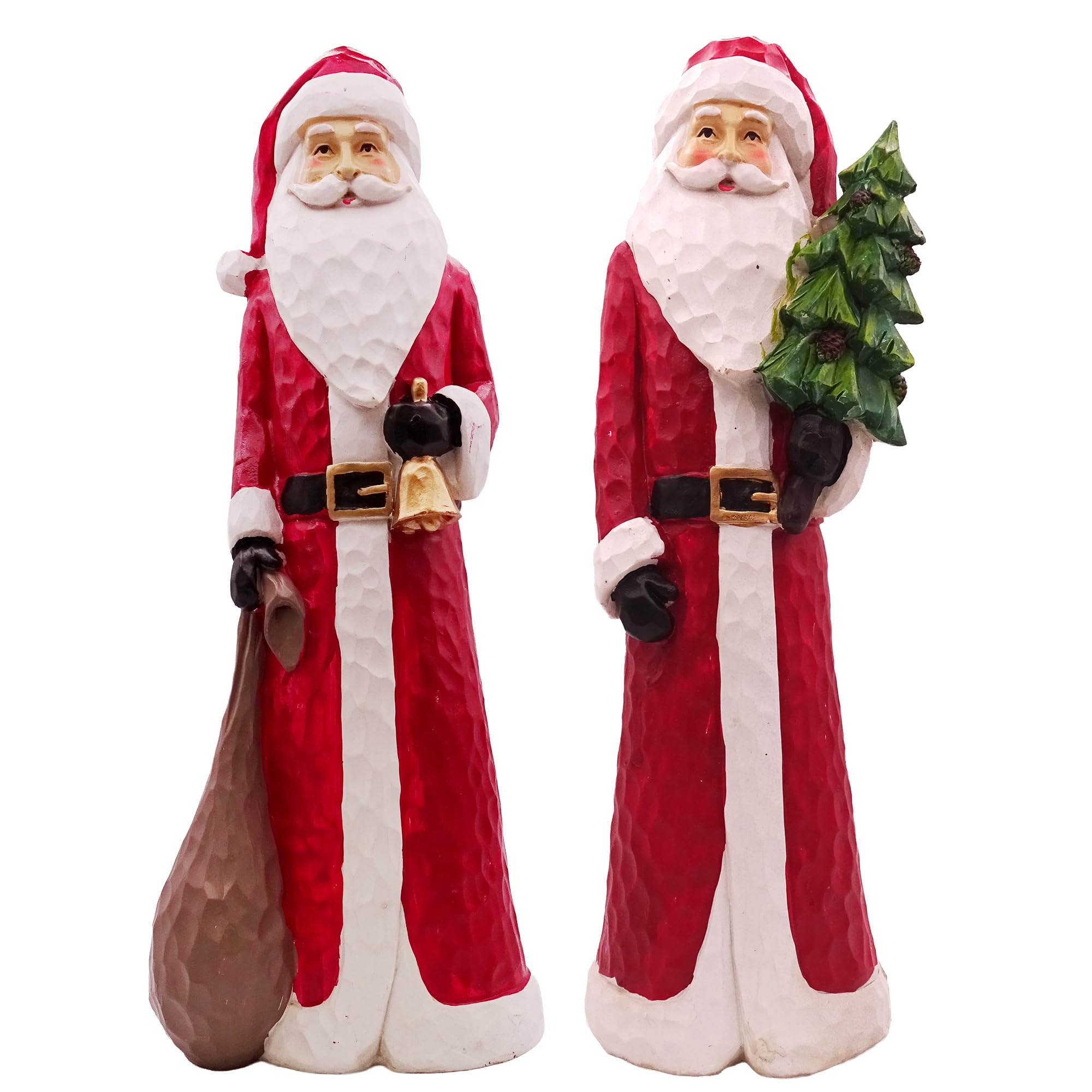 Logbuch-Verlag Weihnachtsmann Figur 30 cm im 2er Set – Weihnachtsdeko zum Hinstellen, Geschnitzte Holzoptik aus Kunststein, Nikolaus mit Geschenkesack & Baum