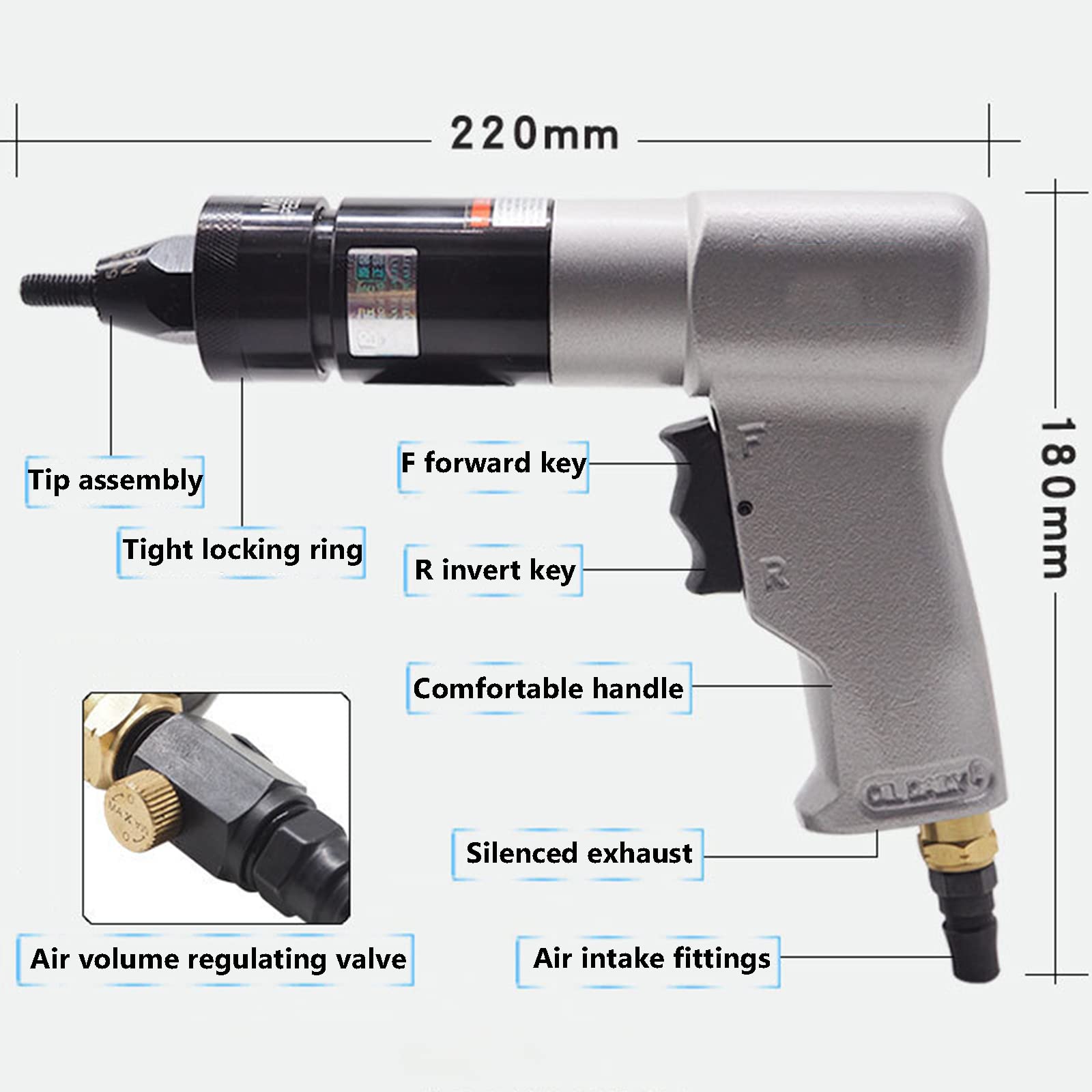 Pneumatyczny pistolet do nitowania - automatyczna nitownica pneumatyczna z regulowaną prędkością, narzędzie do ustawiania nakrętek, pasuje do M5, M6, M8, zawiera uchwyt nakrętkowy, pneumatyczny zestaw