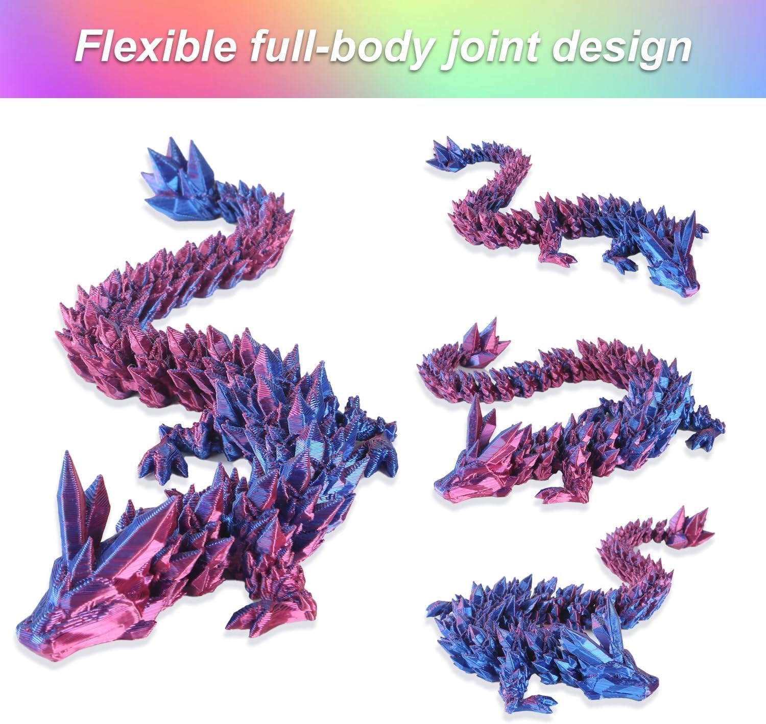 3pcs 12in 3D Printed Crystal Dragon,3D Printed Flexible Articulated Dragon,Home Office Decor Executive Desk Toys, Fidget Toys for Autism/ADHD