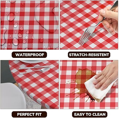 Miniatura 2 de Velway Mantel ajustable de vinilo con borde elástico, funda de mesa redonda impermeable con reverso de franela, mantel rojo a cuadros para