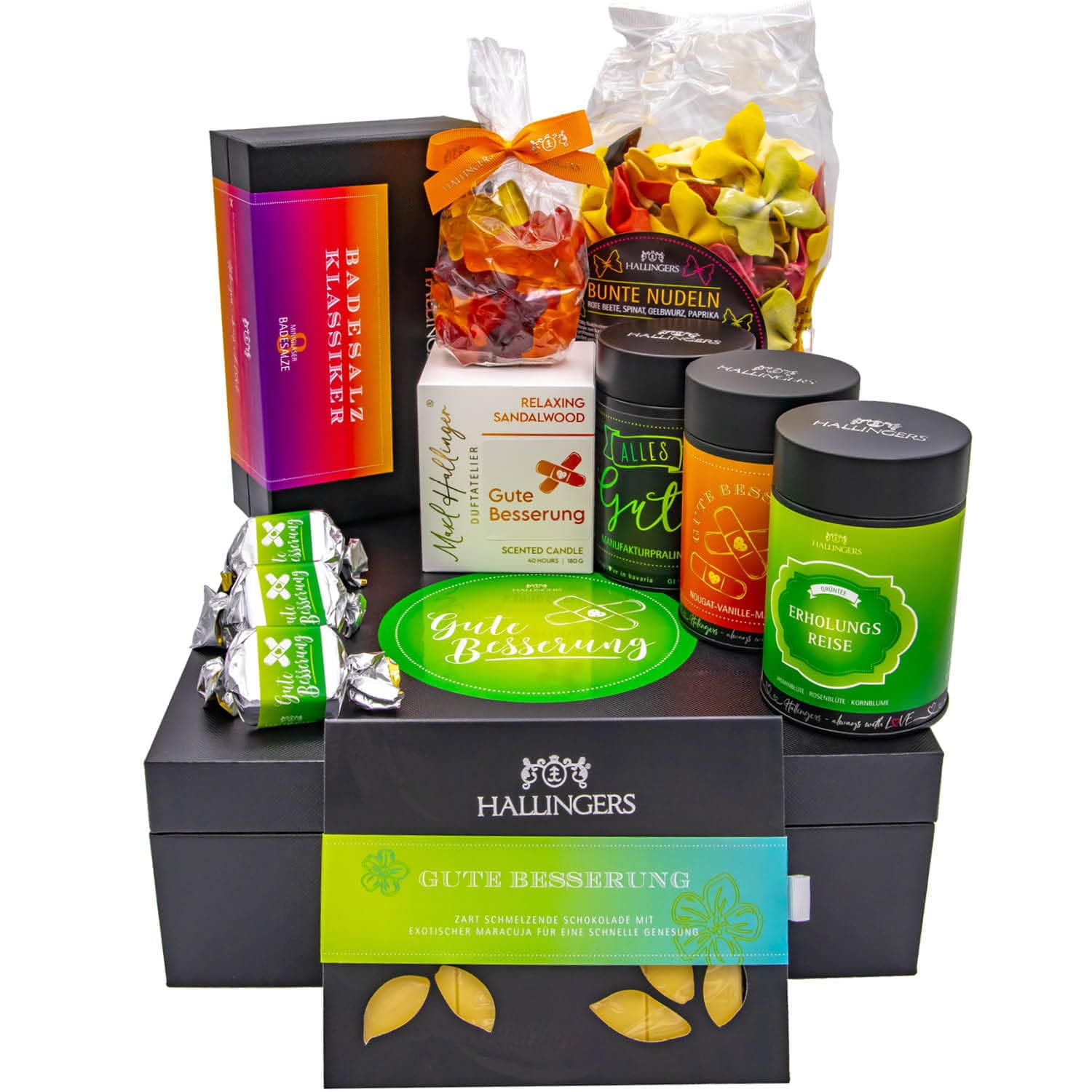 Hallingers Genuss Manufaktur Feinkost Geschenk-Set - XXL-Geschenkkorb "Gute Besserung" großer Genesungsgruß Bunte Nudeln, Tee, Pralien, Badezusatz, Nougat & mehr, Geschenkidee für Frauen Männer
