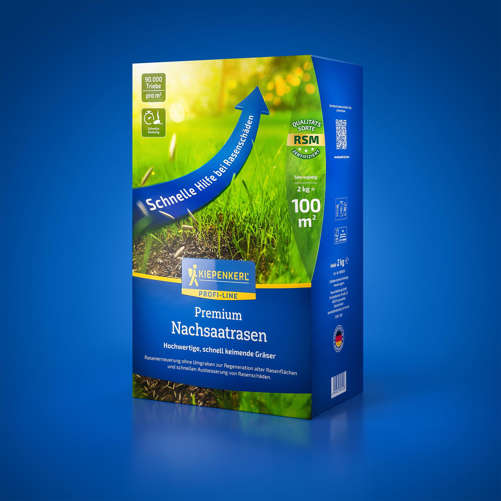 Kiepenkerl Profi-Line 1089054 Gazon de résemencement « Complete » - 2 kg pour 100 m² - Tolérant à la chaleur - Vert intense - Germination rapide - Semences de gazon