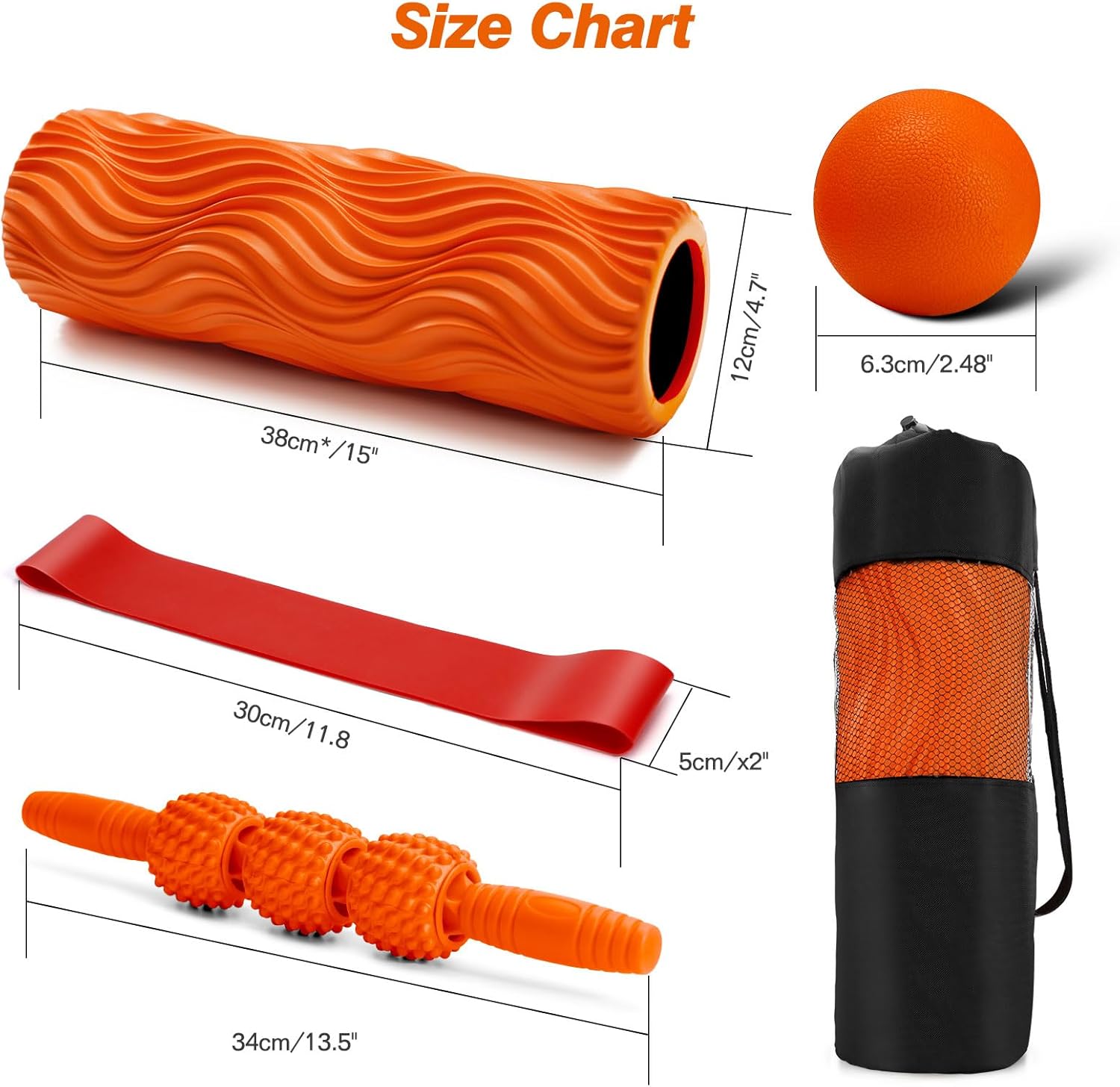 5 in 1 Foam Roller Set - Trigger Point Foam Back Roller, Muscle Roller Stick, Massage Ball, Stretching Band for Deep Muscle Massage Pilates Yoga,Fitness Exercise for Whole Body Release (Orange) - Image 2