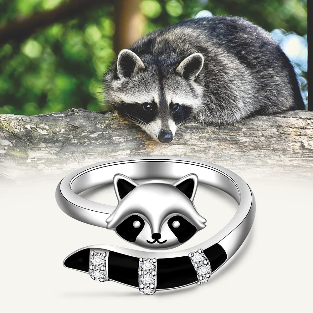 Anillos de mapache ajustables para mujeres, adolescentes, niñas, de plata de ley, lindos y divertidos anillos abiertos de animales, regalos de joyería para amantes del mapache, talla 8