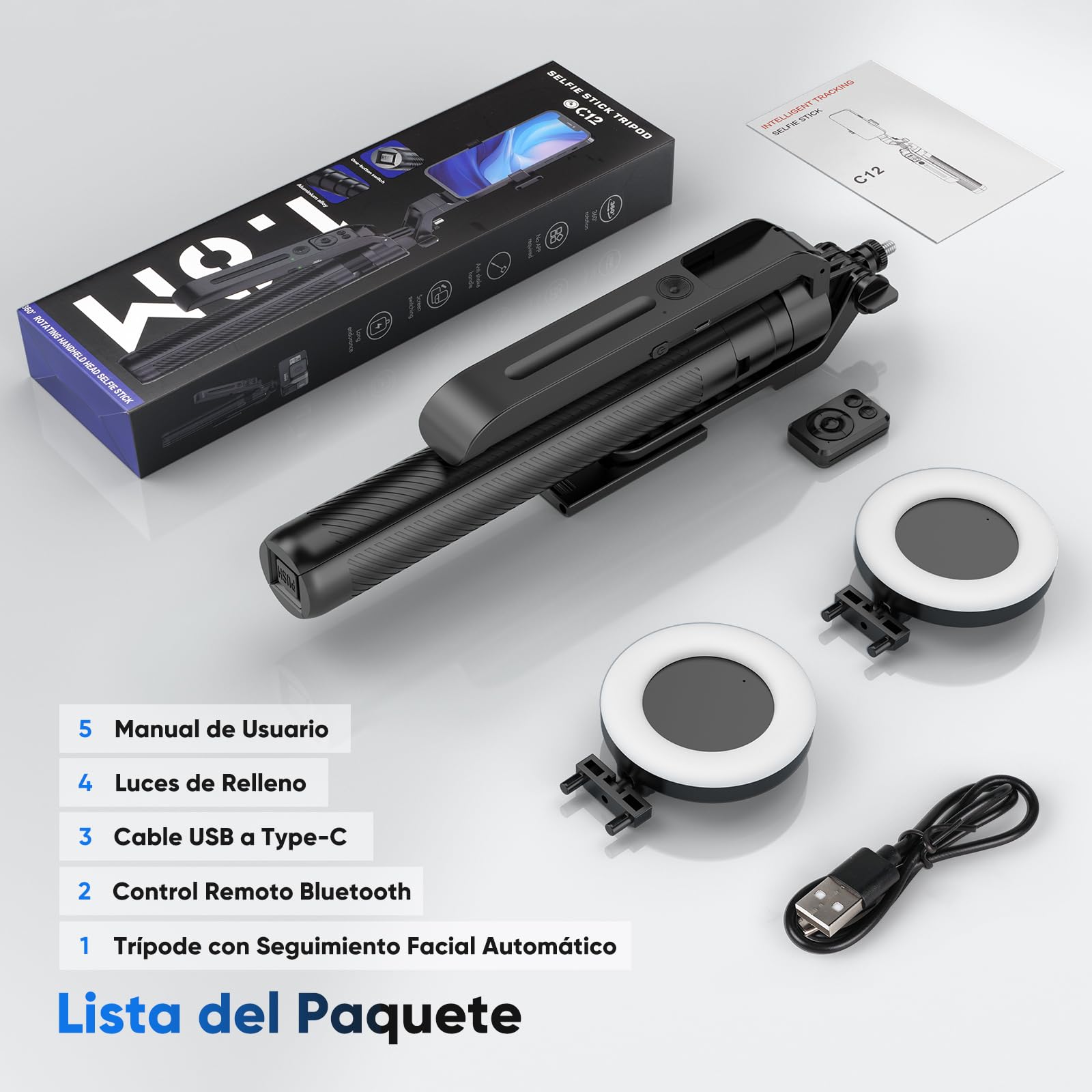 Jeebel Trípode de Seguimiento Facial 180cm Extensible Selfie Pole con Luz LED/Control Gestos/Control Remoto/NO App/360°Giratorio - Estabilizador Gimbal para Teléfono Action-Cam DSLR de Video Live Vlog
