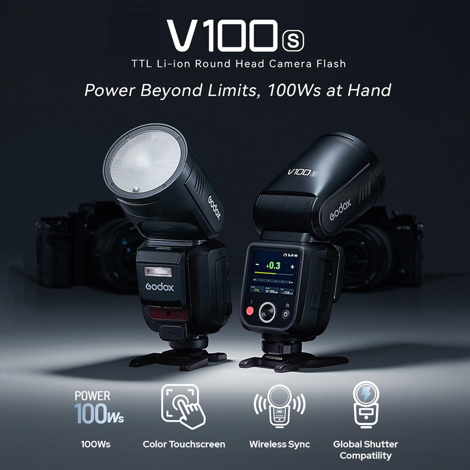 Godox V100S Flash per fotocamera wireless Testa rotonda Flash TTL Speedlite 100 Ws Schermo di controllo touch Lampada di modellazione LED integrata con Sub Flash staccabile Sostituzione per Sony