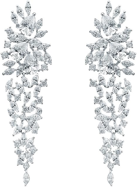 QUKE Bright Cubic Zircon Crystal Drop Long Tassel Dangle Earrings For Women Brides Wedding Jewellery