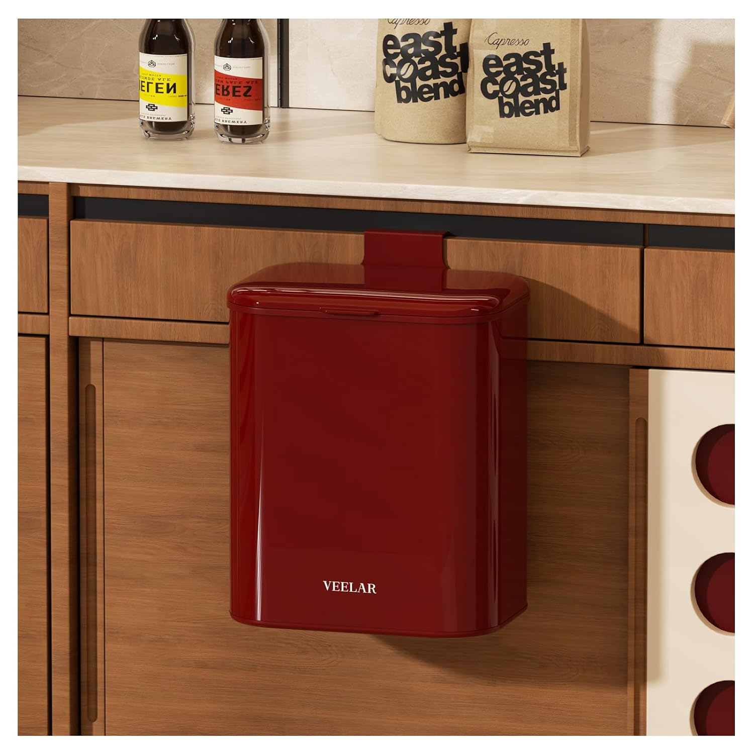 Hanging Stainless Steel Trash Can, 1.6 Gallon /6L Small Compost Bin for Kitchen Cabinet, Bathroom and Office (Red)