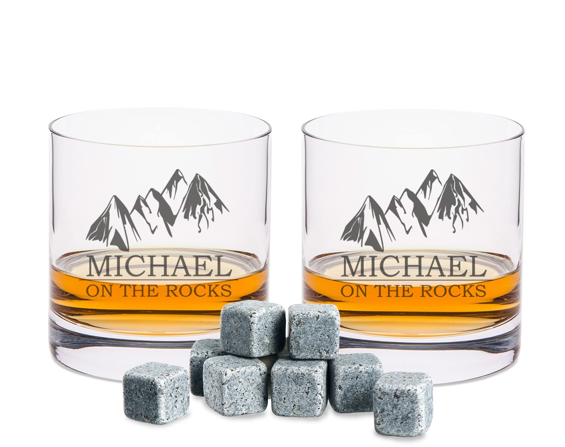 GRAVURZEILE Leonardo gravierte Whiskygläser & Karaffe im Set - On the Rocks Design - 2x Whisky Gläser personalisiert mit Name - inkl. 500 ml Dekanter & 8x Kühlsteine - Geschenk für Papa zum Vatertag
