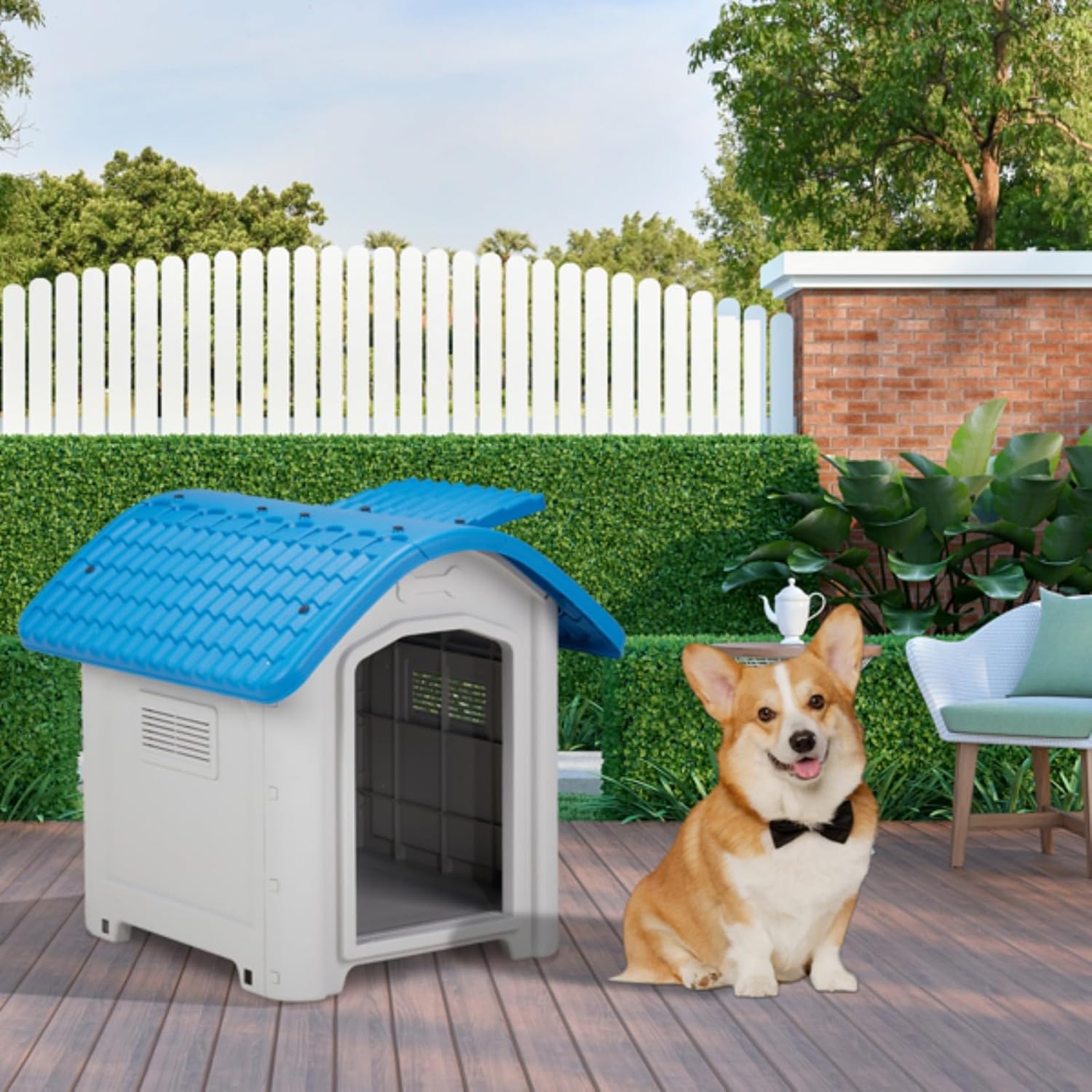 Durable Waterproof Plastic Dog House Doghouse Puppy Shelter,28 inch Raised Plastic Dog House, Outdoor Indoor Doghouse Pet House with Adjustable Sunroof and Elevated Base for Small Dogs