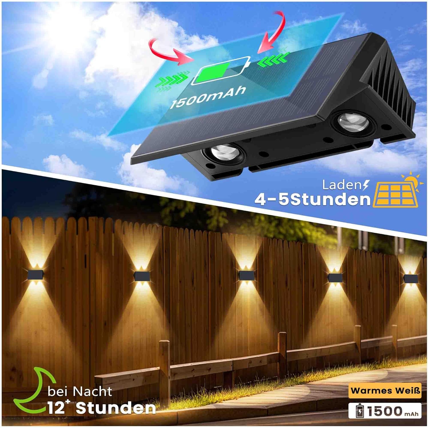 wandleuchte solar außen solar wandleuchte aussen solarlampen Nach Oben und Unten Beleuchtet 4 LEDs IP67 Wasserdichte Solarleuchte für Garten Balkon Terrasse Treppen Warmweiß 4er