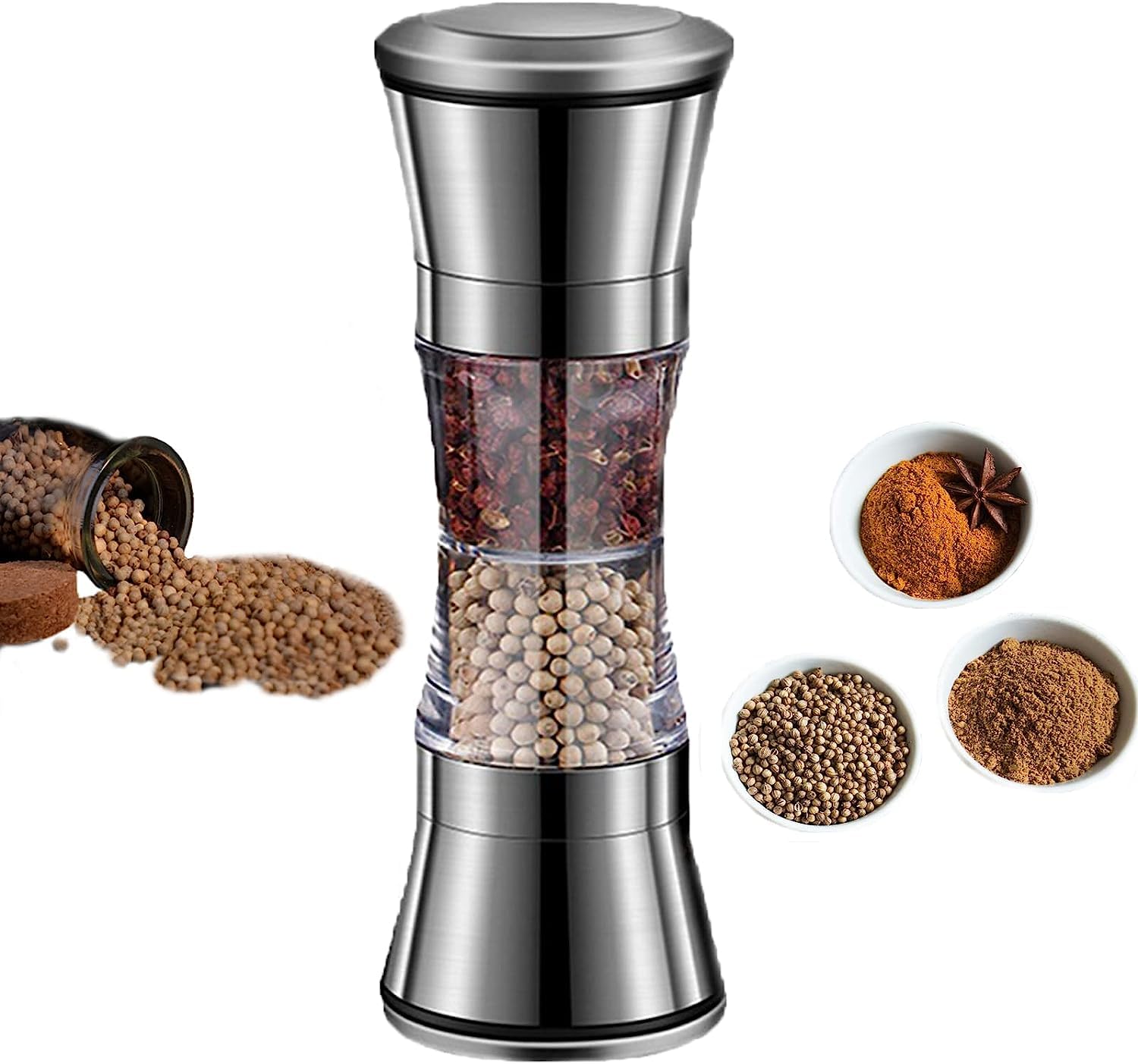WUBAYIPepper Mill, 2 in 1 Salt and Pepper Grinder, 304 Stainless Steel Manual Two-Head Pepper Mill, Adjustable Coarse and Fine Pepper Grinder, Refillable and Suitable for All Types of Spices(②)
