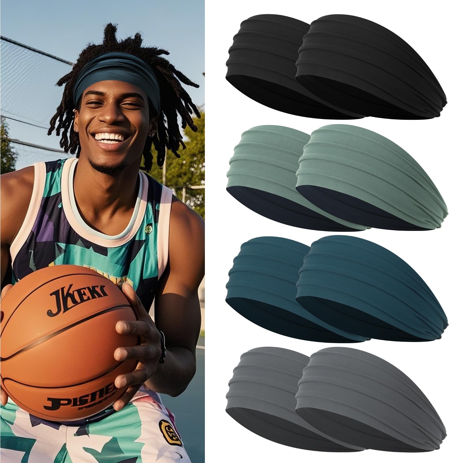 Rheytew Elastic Headbands for Men, Non-Slip Athletic Hair Bands, Sweat-Absorbing Headbands for Sports & Running, 8 Pieces-image-2